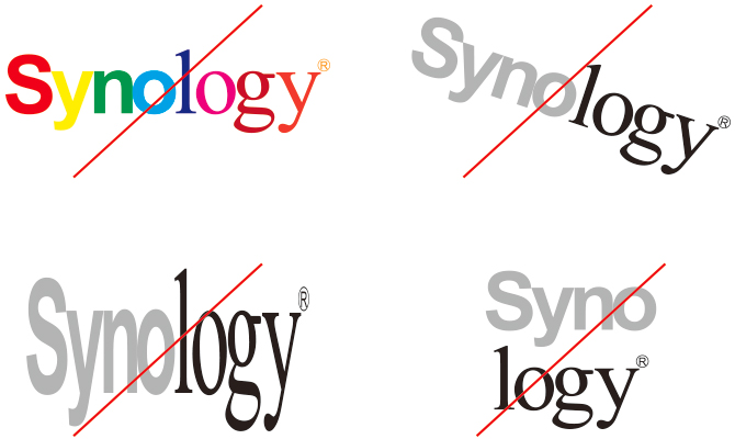 Не изменяйте и не осветляйте логотип «Synology», выполняя следующие действия: изменяя прозрачность, поворачивая или переворачивая, разделяя элементы логотипа, добавляя границу или другие эффекты, вставляя другой текст или символы, или другие модификации